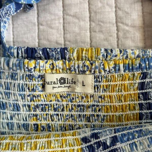 Natural life blue yellow boho floral patchwork smocked ruffle hem tops L XL​ - Image 11
