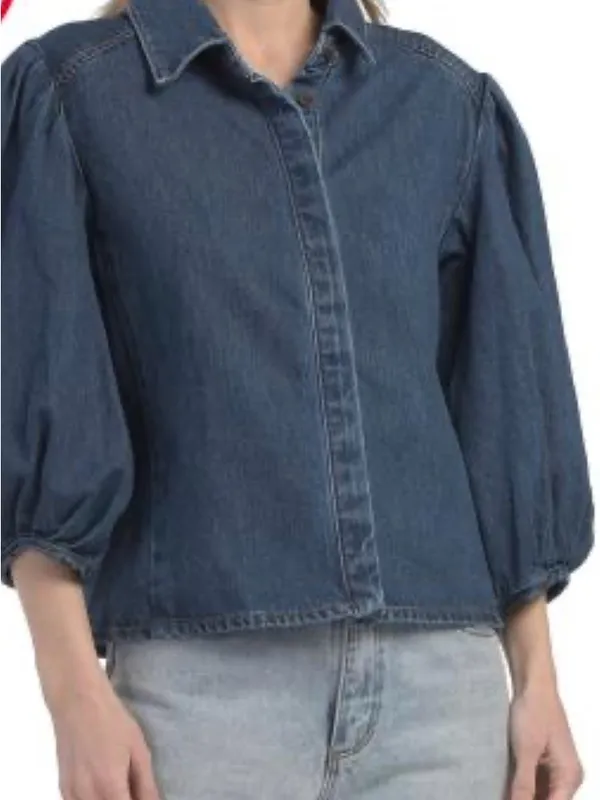 Oat New York Dark Blue Denim Puff-Sleeve Jacket, Size-Small - Image 15