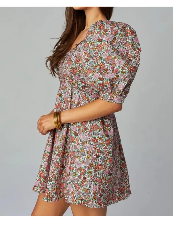 Buddy Love Poppy Puff Sleeve Mini Dress Windsor Women’s Small Pink Floral Ruffle - Image 3