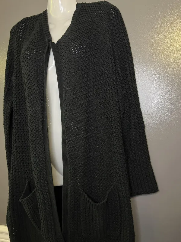 Lucky Brand Cardigan Sweater Womens Medium Black Open Knit Long Duster Pockets - Image 4