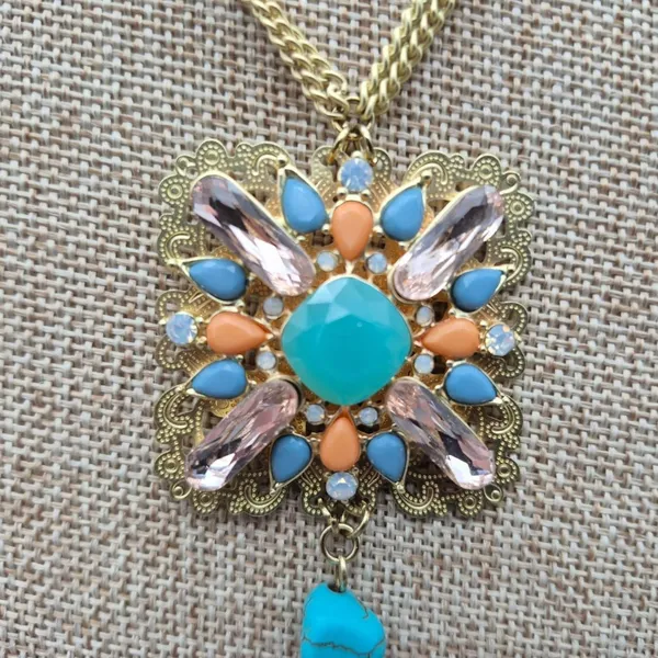 Gold Tone Multi Chain Long Pendant Necklace Tassel Accent Rhinestones 32" - Image 8