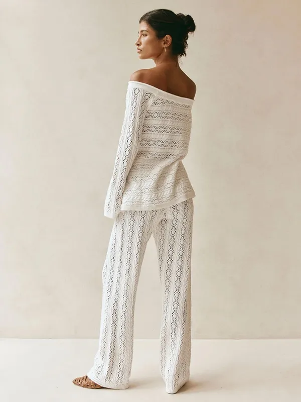 Off-Shoulder White Lace Knit Sweater sabo skirt sz 4 - Image 6