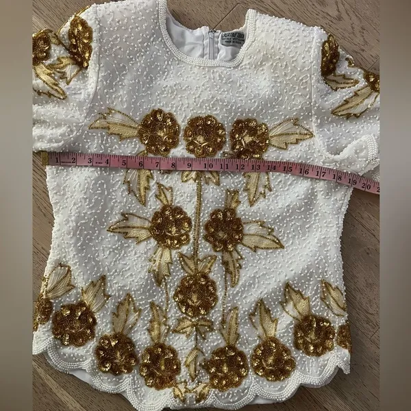 Vintage Silk Beaded Sequin Floral Top White Gold 80s Glam Party Blouse - Image 6