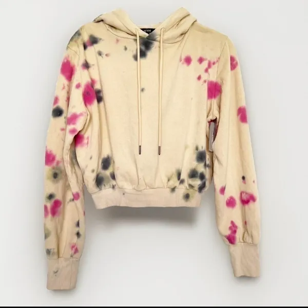 NEW AFRM Cropped Hoodie Sweatshirt SMALL Beige Tan Pink Tie Dye Drawstring NWT - Image 2