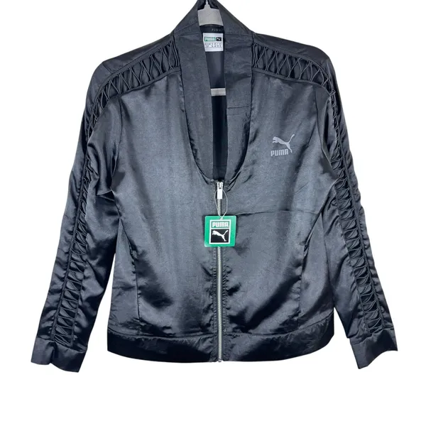 PUMA NWT Black Satin Lux T7 Full Zip Elastic Lightweight Jacket‎ Pockets Size S - Image 2