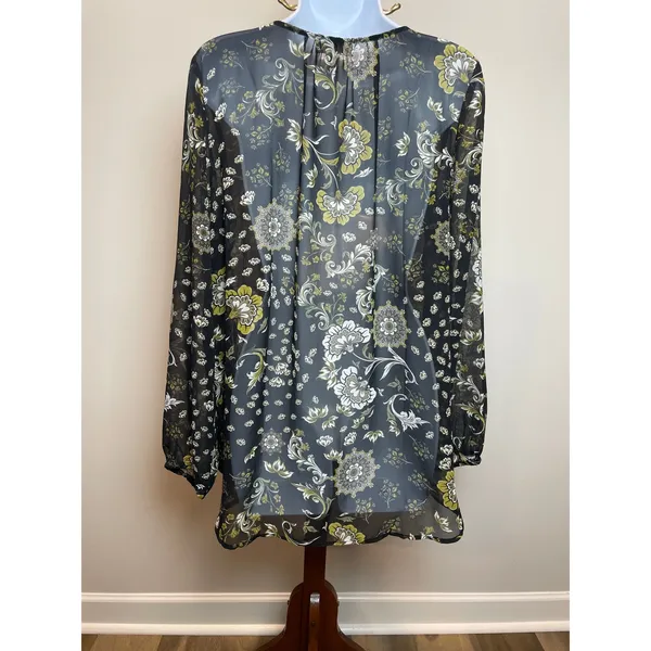 LOFT Outlet Blouse Size M Black Olive Paisley Floral Sheer V Neck Long Sleeve - Image 3