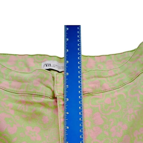 Zara Kick Flare Jeans Womens Sz 10 Green Pink Floral High Rise Crop 70s Raw Hem - Image 9