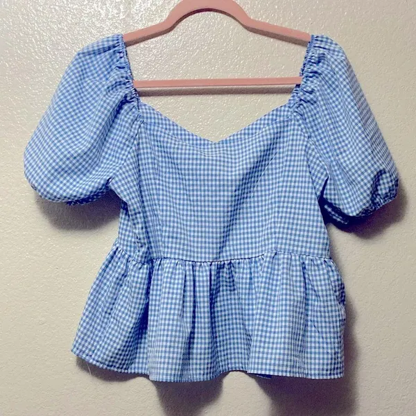 Blue Gingham Plaid Babydoll Puff Sleeve Blouse Top - Image 6