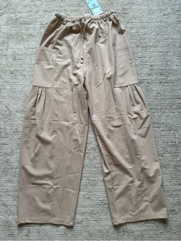 High-Rise Beige Wide-Leg Drawstring Pants (Size XS) - Image 3