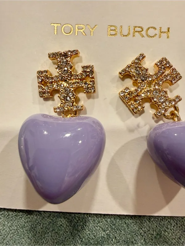 Tory Burch | Gold Plated & Crystal Logo with Lilac Heart Drop Earrings - Image 3