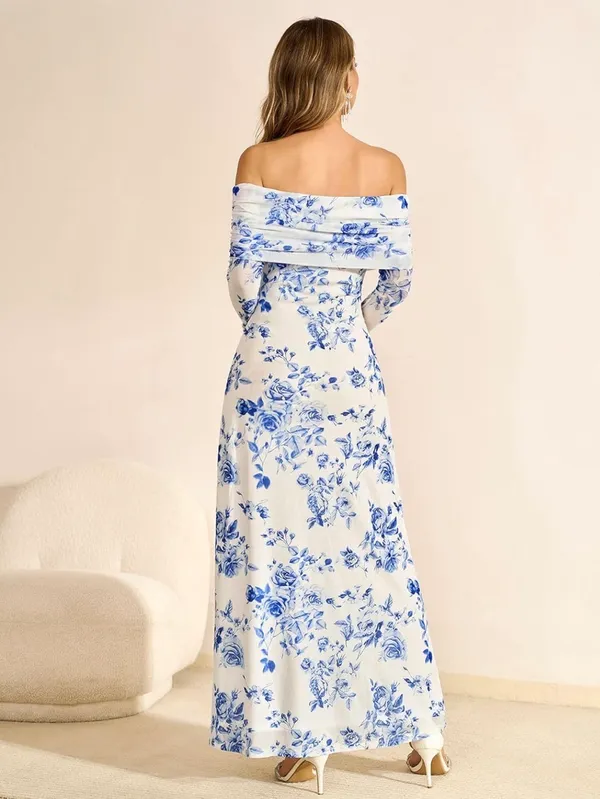 Off the Shoulder Blue Flower Dress Size L - Image 2