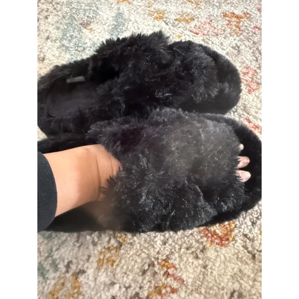 Coface Womens Black Faux‎ Fur Cross Band Slippers Open Toe House Shoes US 7 - Image 4