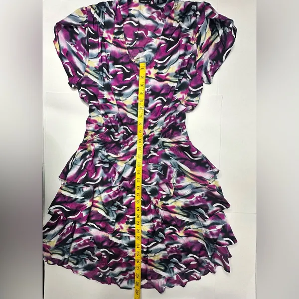 VERTIGO Dress Women’s Size Medium Blouson Flare Tiered Cinched‎ Purple Blue Work - Image 4