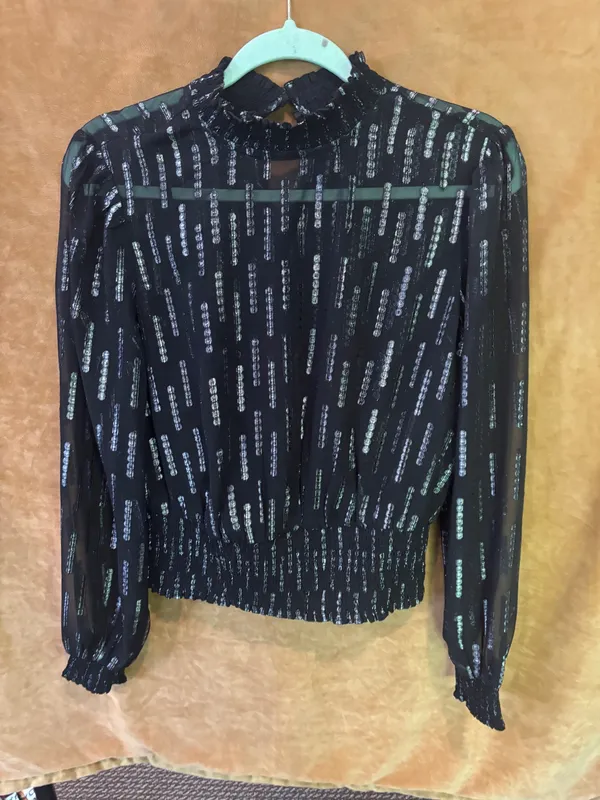 Express black and silver metallic smocked waist top. - Image 3