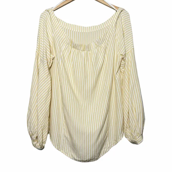 Maeve Anthropologie Clotille Off Shoulder Blouse Yellow Stripe Linen Blend Sz 14 - Image 5