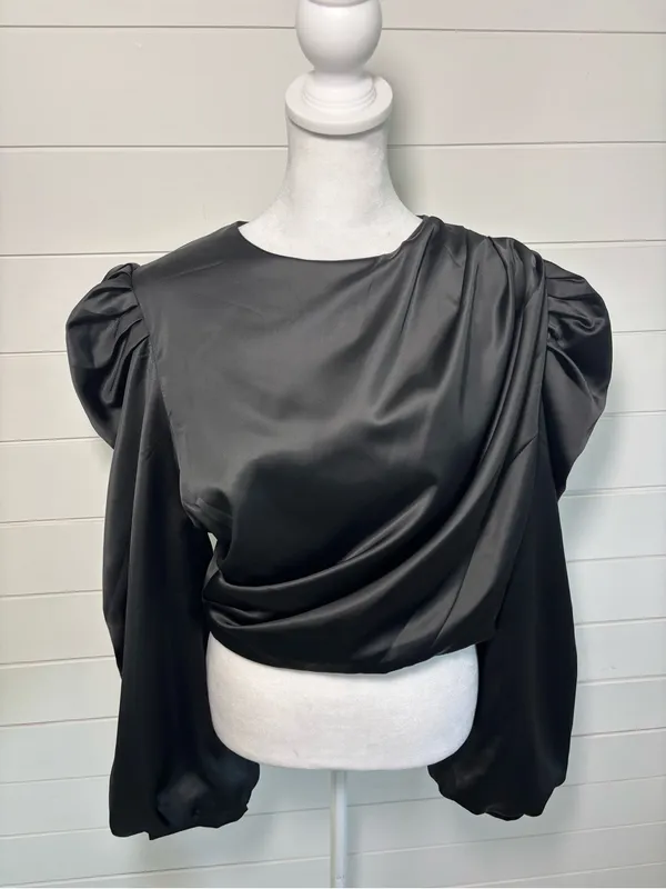 Anthropologie Mare Mare Satin Puff-Sleeve Top Black Draped Puff-Sleeve Blouse - Image 3