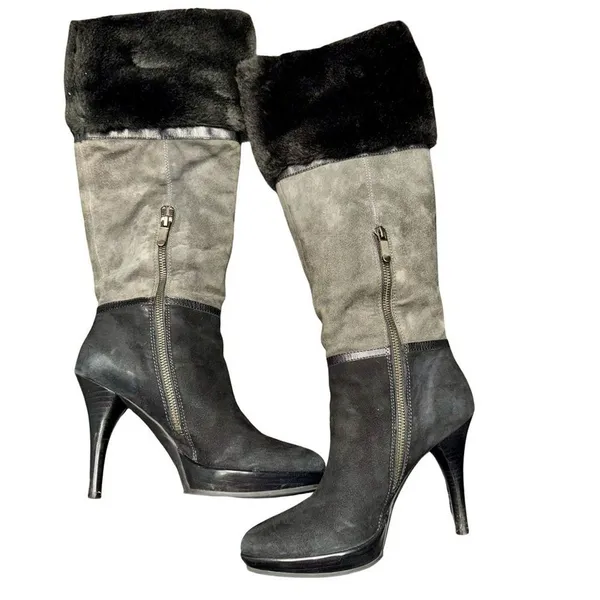 B Makowsky Knee High Platform Boots Women’s 7 Gray Black Leather Side Zip EUC - Image 6