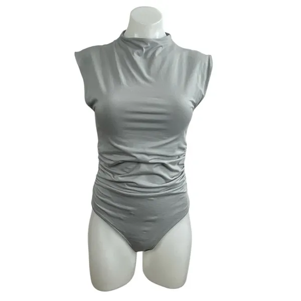 Abercrombie & Fitch Gray Ruched Shell Mock Neck Sleeveless Tank Bodysuit Top M - Image 2