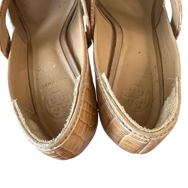 Tory Burch Georgina Linen Platform Heels Croc Leather Peep Toe‎ Sz 9 - Image 5