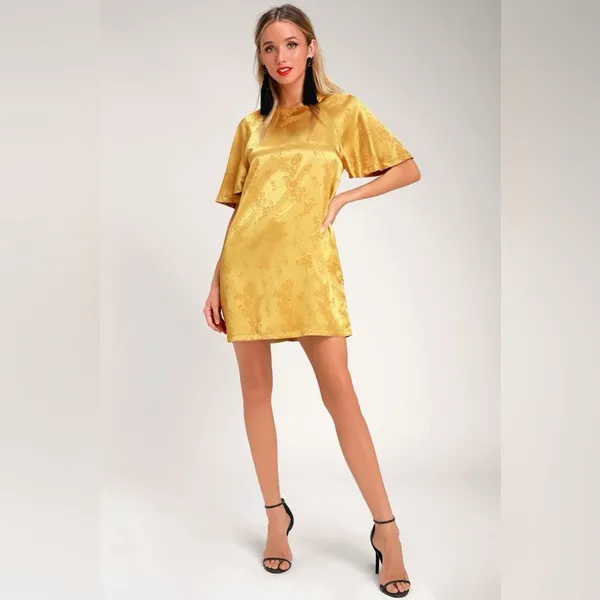 Lulus Blossom Golden Yellow Floral Jacquard Shift Dress‎ Lightweight Satin Sz S - Image 12