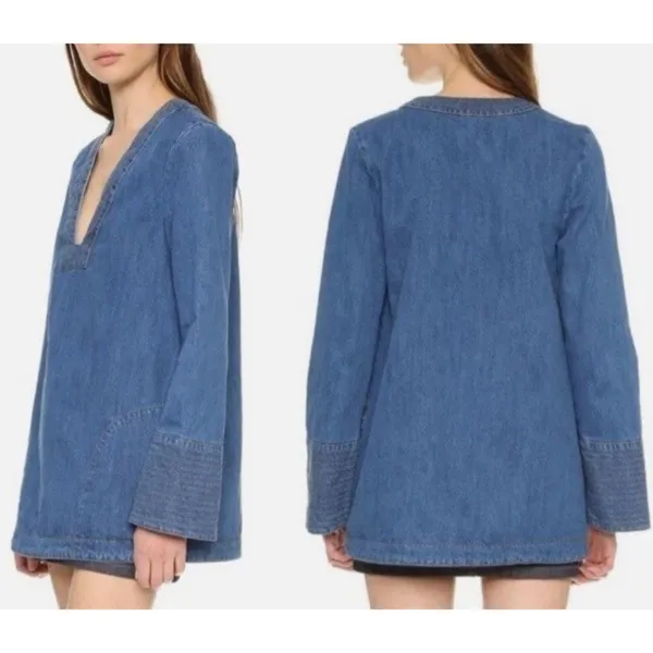 Free People Dreaming Of Denim Hendrix Tunic Oversized Women’s Sz S Denim Blue - Image 4