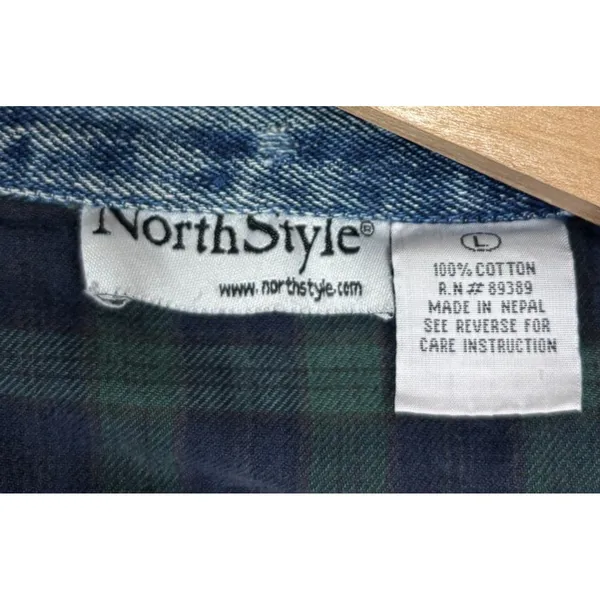 Vtg‎ NorthStyle Denim Jacket Blue Flannel Lined Plaid Barn Chore Coat Utility L - Image 6
