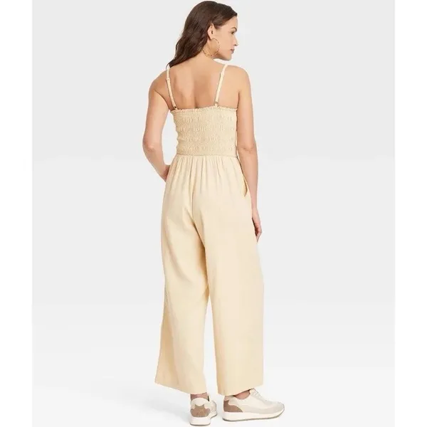 Universal Thread Women's XS Smocked Linen Maxi Jumpsuit Beige‎ Boho Lagenlook - Image 2