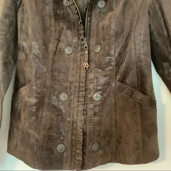 Powder River Outfitters Brown Western Leather Jacket Boho Conch Tribal Suede - Image 2