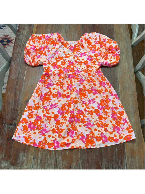 LUCY PARIS Pink & Orange Floral Puff Sleeve Toulouse Tie Babydoll Mini Dress S - Image 12