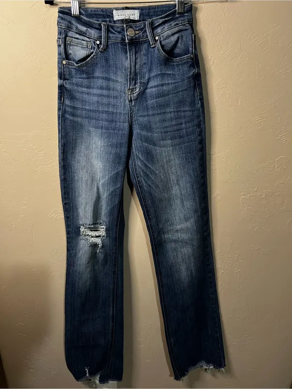 Risen High Rise Distressed Raw Hem Long Inseam Straight Leg Denim Jeans - Image 2