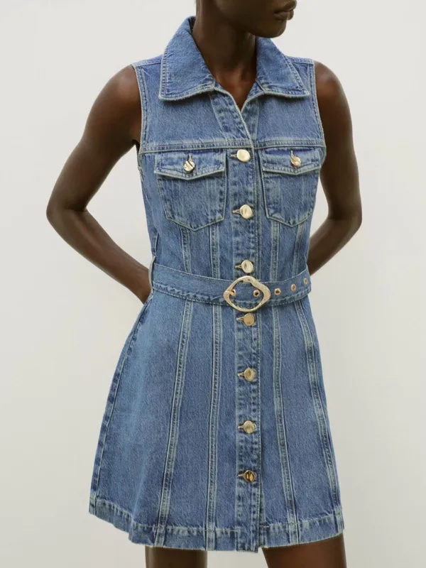 Zara Sleeveless Denim Button-Front Mini Dress in Blue with Belt - Image 2