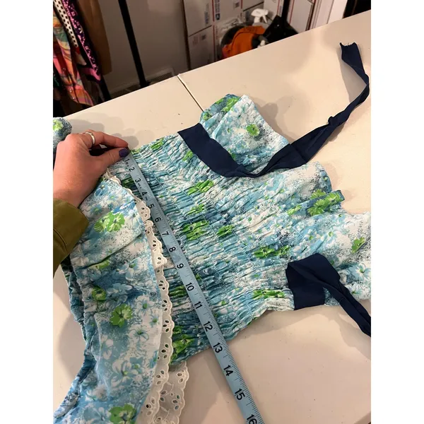 Vintage Handmade Blue Green Floral Print Lace Trim Bow Peplum Top Size Small - Image 6