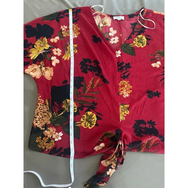 Umgee Floral Tie Front Blouse‎ Burgundy Red Long Sleeve V Neck Top - Image 8