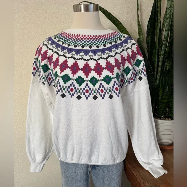 Vintage Southwestern Graphic Sweatshirt Pullover USA made geometric‎ medium White - Image 7