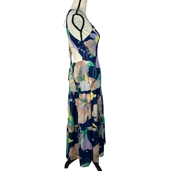 Lulus X-Small Halter Maxi Dress Floral Lined V-Neck Tiered Open Back Blue Multi - Image 5