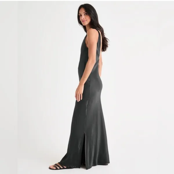 New! Splendid X Rachelove Black Satin Open Back Boatneck Maxi Dress Size Small‎ - Image 3