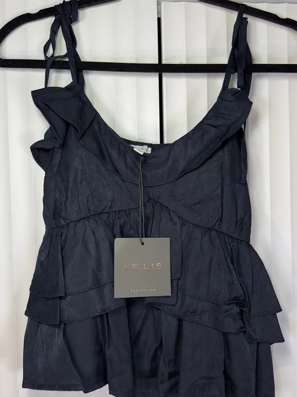 NWT LE LIS Navy Blue Satin Ruffle Crop Top Maxi Skirt 2 Piece Set Small - Image 5