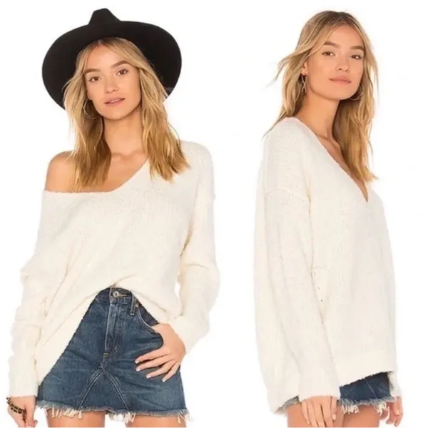 Free People Lofty Alpaca‎ Blend V Neck Ivory White Sweater Cozy Women's Medium - Image 2