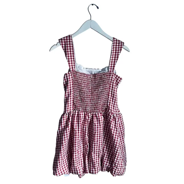 Cider‎ Red White Gingham Checkered Mini Dress Picnic Bubble Ruched NWT sz Small - Image 3