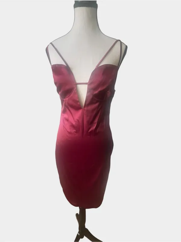 Miss Circle Burgundy Wine Satin Plunge Cutout Bodycon Midi Dress Small - Image 2