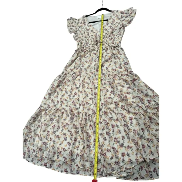 Boho Floral Tiered Maxi Dress V-Neck Smocked Waist Cream SzM Perfect for Fall! - Image 11