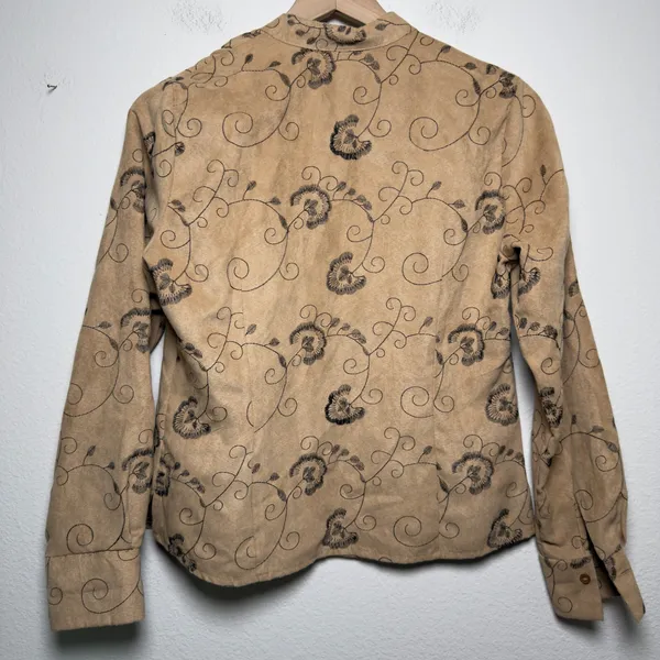 VTG Y2K Women Western Jacket S Tan Faux Suede Embroidered Frog Closure Floral - Image 6