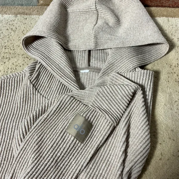 Alo Yoga Muse Ribbed Cropped Hoodie Beige Tan Pullover Sweatshirt Womens‎ - Image 4