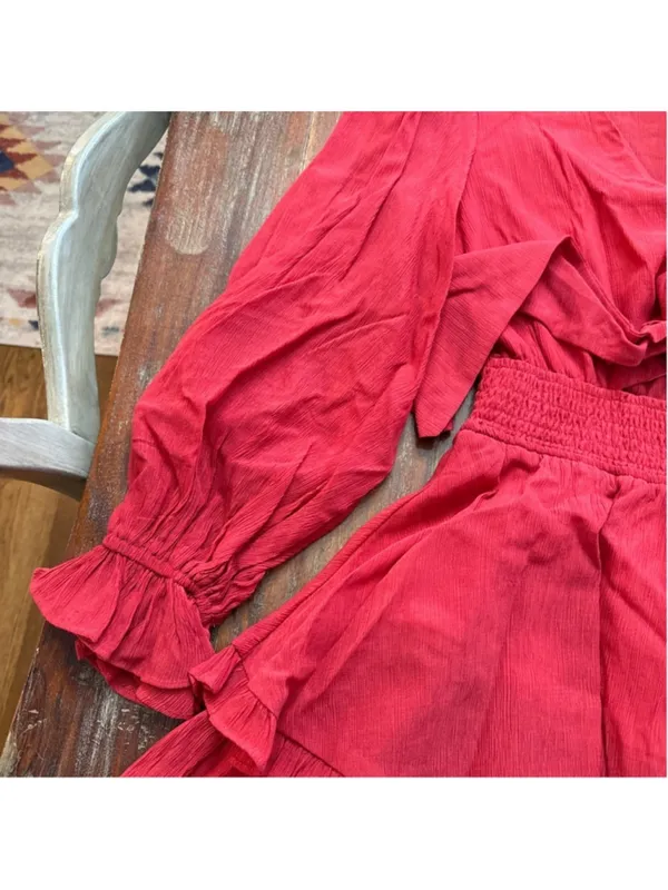 Angel Biba Red Tie Front Ruffle Tiered Mini Dress Long Sleeve Boho US S AU 8 - Image 3