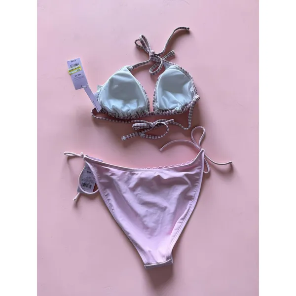 Wild Fable Pink Gingham Triangle Bikini Top and Scalloped Side Tie Bottoms Set M - Image 2