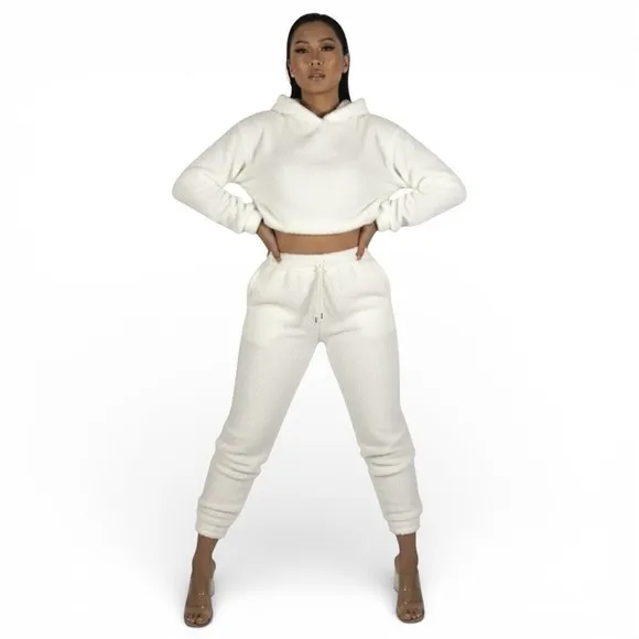 NWT Parisian Crop Sherpa Hoodie Jogger Set Womens 6 White Lounge Cozy‎ Neutral - Image 2