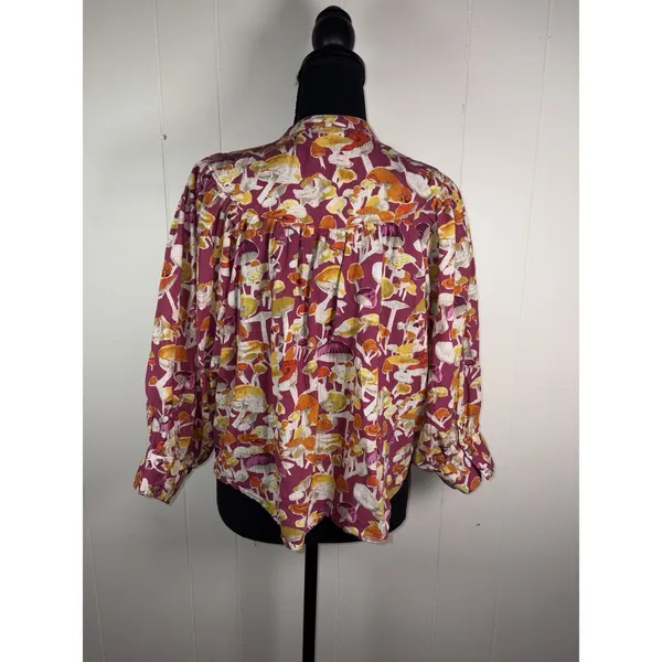 Anthropologie Maeve Femme Collarless Pink Orange Mushrooms Cotton Top M Boho - Image 4
