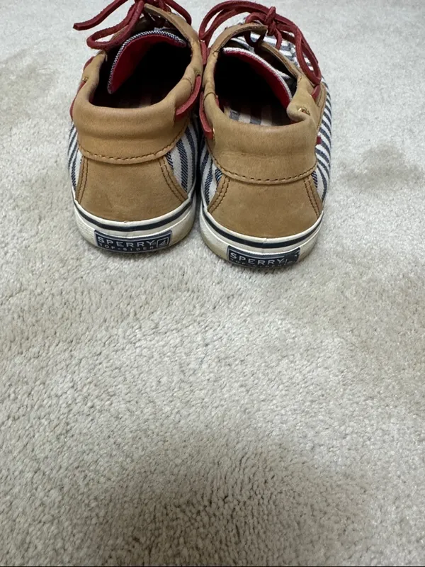 Sperry Navy & White Striped Canvas Boat Shoes with Tan Trim and Red Laces - Image 3