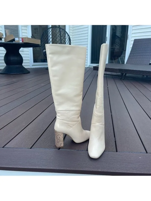 MANGO Cream Leather Knee High Boots, animal print 8.5 Office Siren, Minimalist - Image 4