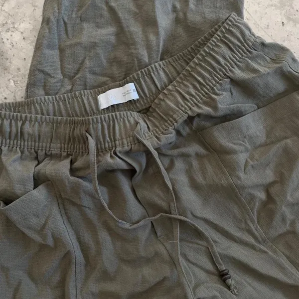 zara olive green khaki wide leg linen pants - Image 2